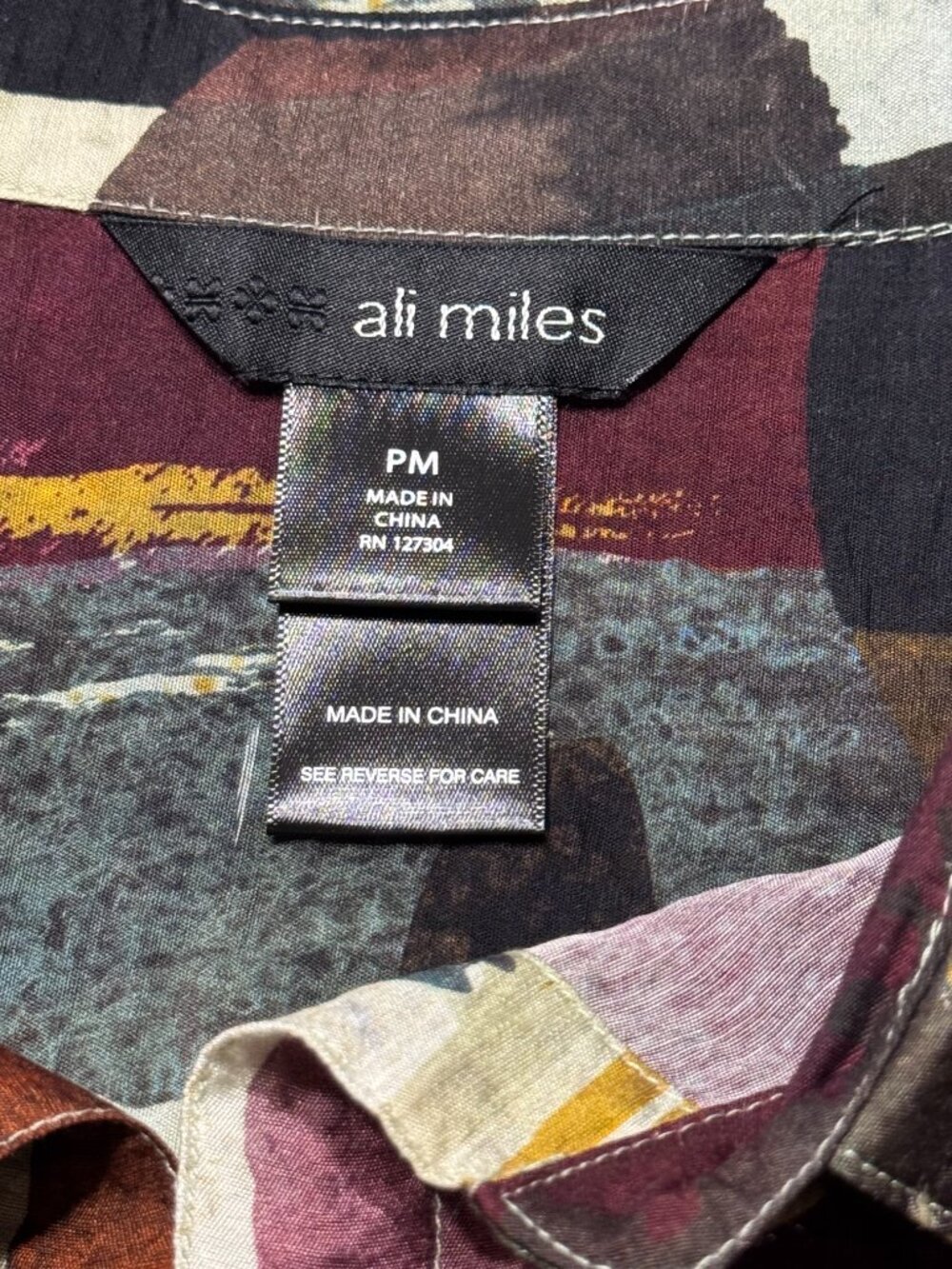 Ali Miles Abstract Geometric Button Down Tunic Top Artsy Art to Wear Earth Tones - Picture 9 of 10